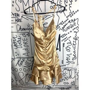 Vintage Y2K Jessica McClintock Gold Satin Ruched and Ruffled Halter Dress Size 8